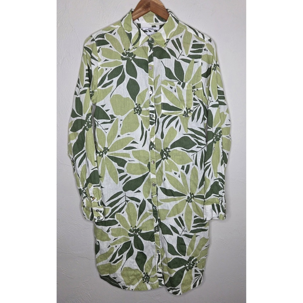 Nicole Miller New York Green Floral 100% Linen Button Shirt/Dress Size Small